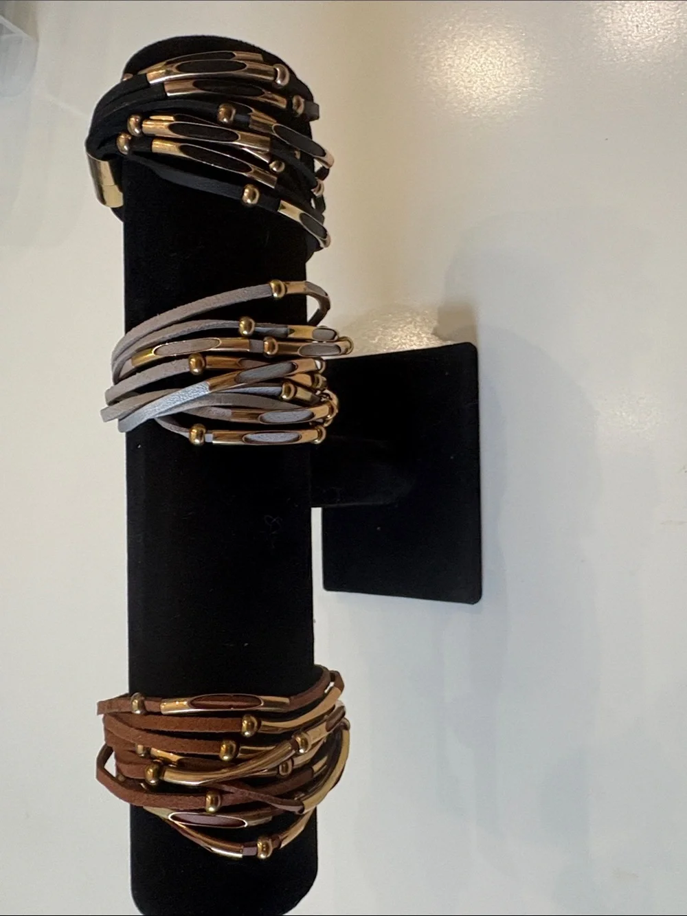 Boho Multi-Strand Leather Wrap Bracelet Set • Gold Tubes • Lot of 3